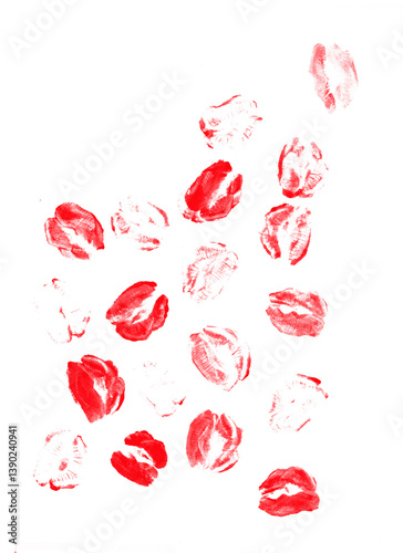Red lipstick kiss imprints isolated on transparent background. Multiple lip prints scanned from real texture in random layout