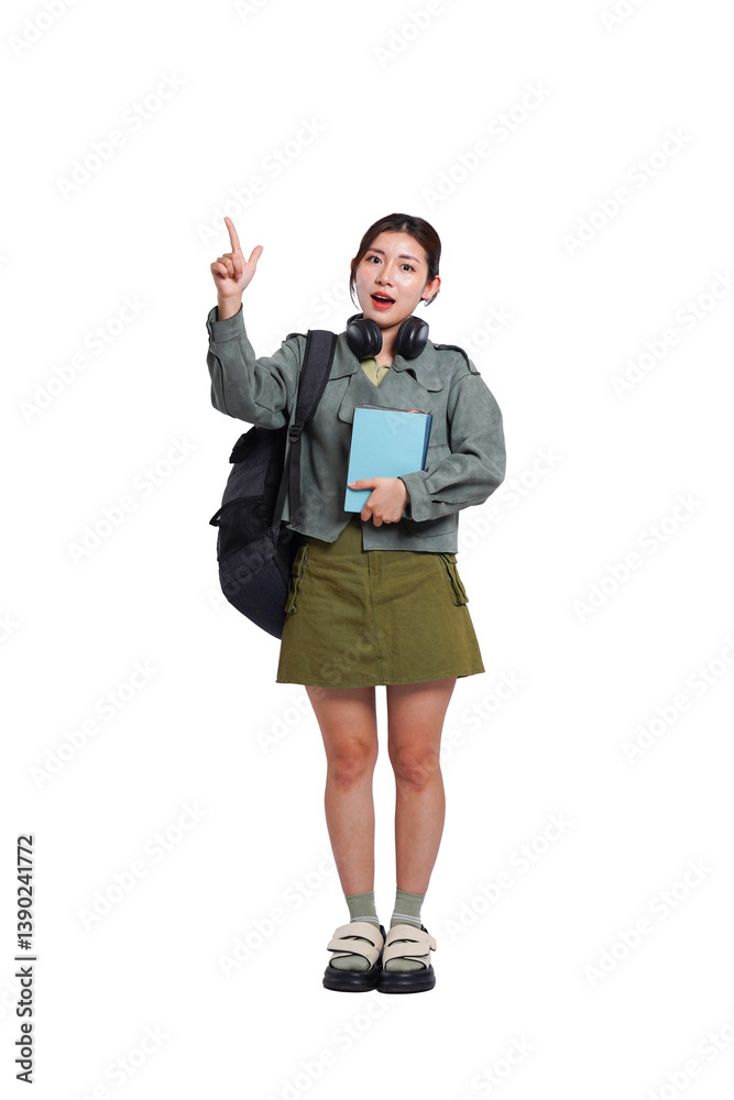 Portrait of Asian female student wearing backpack, headphones, fashionable clothes, posing dynamically on white background
Portrait of Asian female student wearing backpack, headphones, fashionable clothes, posing dynamically on white background