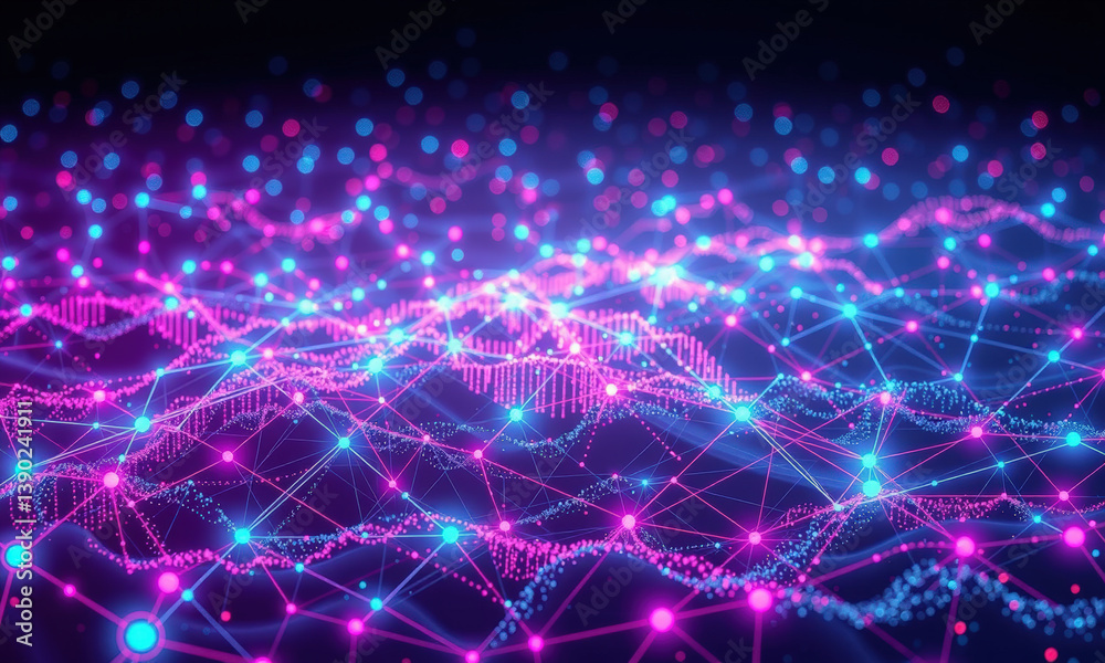 Fototapeta premium vibrant digital landscape showcasing interconnected nodes and lines in shades of blue and pink, representing data flow and quantum technology. visual evokes sense of innovation and complexity