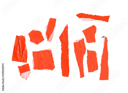 Torn orange paper strips with rough edges and crumpled texture on white background. Minimalist collage scan set