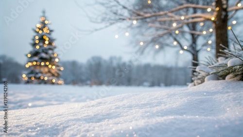 Empty white snow with blur Christmas tree with bokeh light background