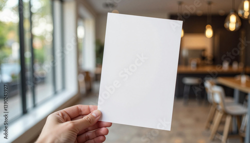 Hand holding blank flyer mockup in modern cafe, customizable design