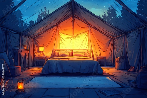 Cozy Glamping Tent Bedroom with Modern Wooden Furniture: An Artistic Escape to Stylish Camping and Outdoor Adventure