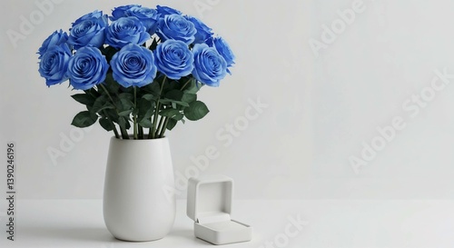 Blue roses in a white vase with an empty jewelry box