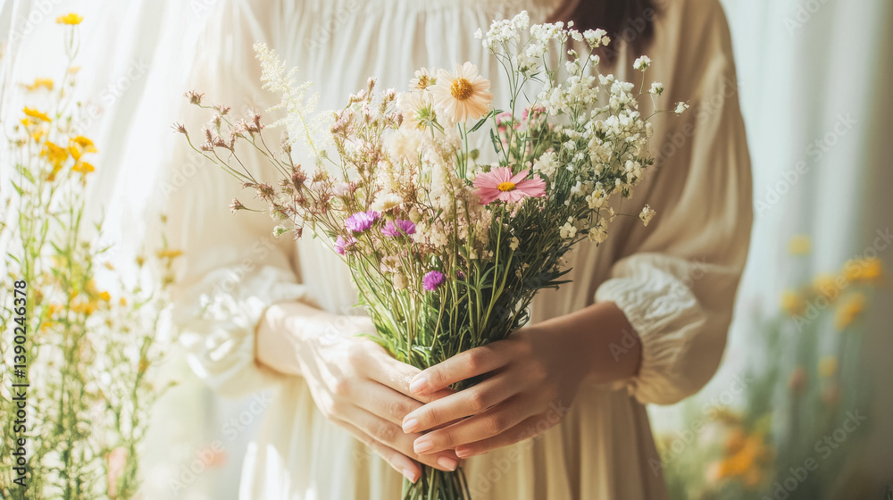 Bride holding a wildflower bouquet in sunlit room for wedding inspiration
