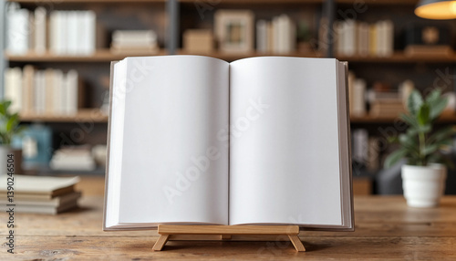 Open book mockup on stand in minimalist bookstore, design showcase