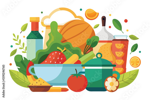 A bright and colorful illustration featuring fresh vegetables, fruits, and cooking tools, perfect for showcasing the ingredients needed for a delicious homemade salad.