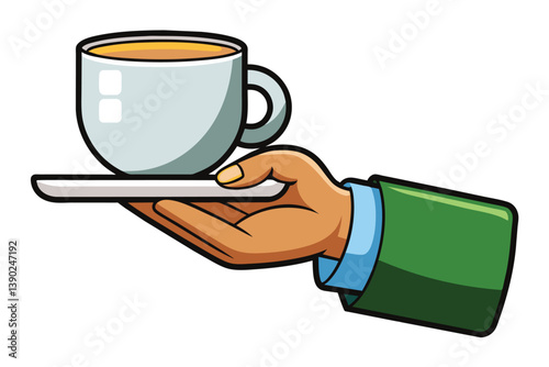 A cartoon illustration of a hand serving a cup of coffee on a saucer. The hand is wearing a green sleeve and a blue cuff.