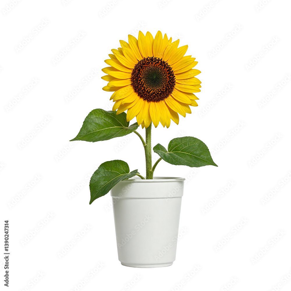 Obraz premium Fresh Yellow Sunflower Plant in White Pot with Green Leaves High Quality Isolated Photo