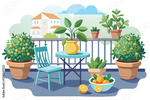 A cheerful illustration of a balcony decorated with potted plants, a small table and chair, and citrus fruits.