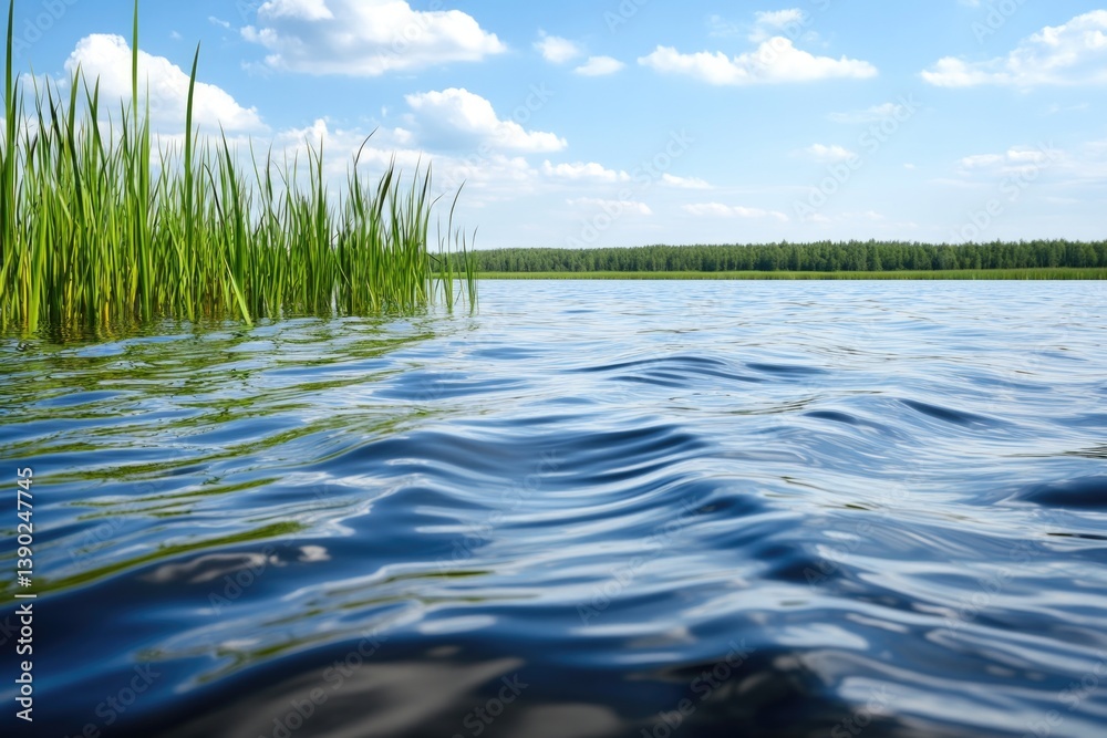 Calm water surface reflects fluffy clouds and lush greenery, cre Calm water surface reflects fluffy clouds and lush greenery, cre