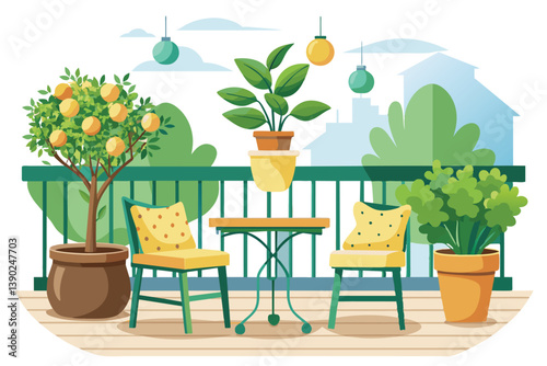 A cheerful urban balcony features a potted citrus tree, green plants, a small table and chairs, and colorful hanging ornaments.