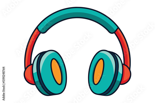A cartoon illustration of teal and red headphones with orange speakers, on a white background.