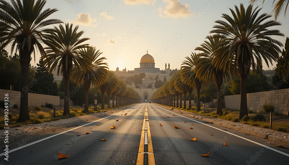 Fototapeta premium Realistic Wide Angle Road to Jerusalem with Palm Leaves Scattered, Warm Golden Hour Light for Palm Sunday