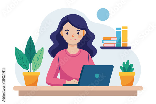 A woman with long dark hair and pink sweater smiles while working on a laptop in her home office, surrounded by house plants and books.