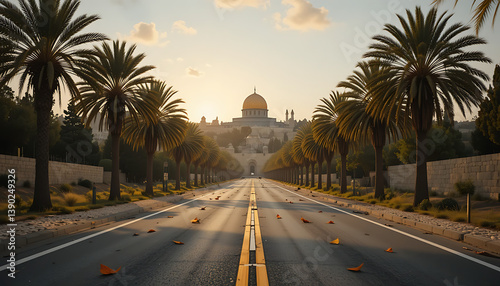 Fototapeta Naklejka Na Ścianę i Meble -  Realistic Wide Angle Road to Jerusalem with Palm Leaves Scattered, Warm Golden Hour Light for Palm Sunday