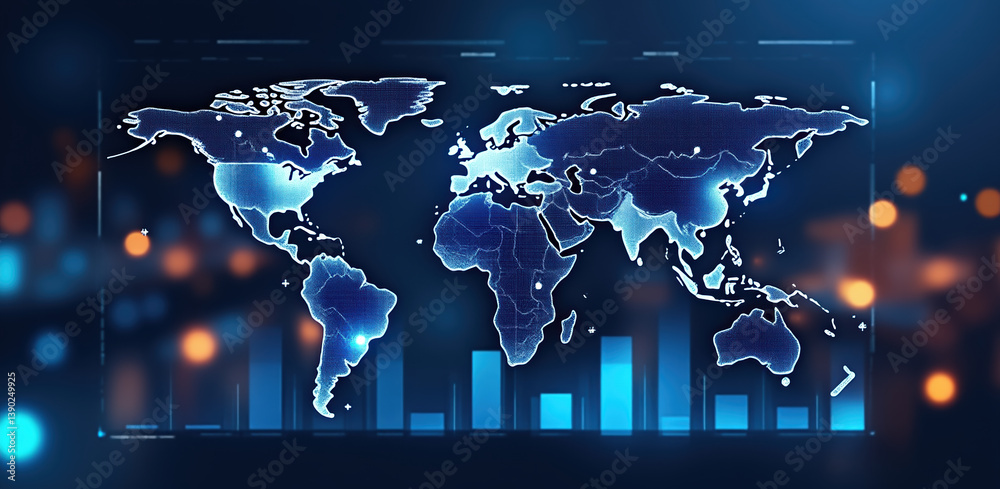digital world map global logistics and payments security trends with vibrant blue tones and data visualization elements