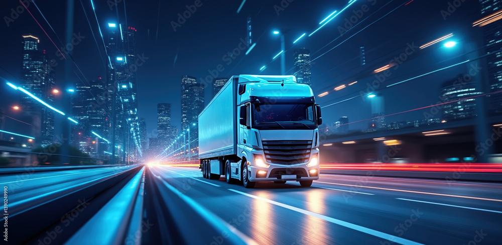 modern truck navigates through bustling city at night, importance of digital logistics and secure payments in transportation