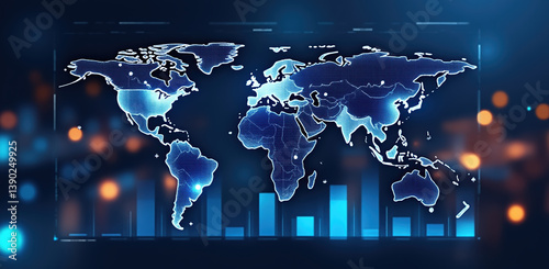 Obraz na płótnie digital world map global logistics and payments security trends with vibrant blue tones and data visualization elements w salonie