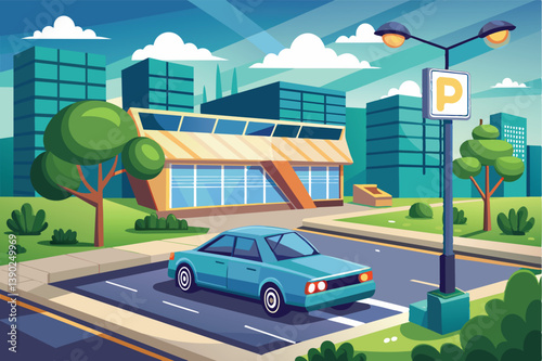 A cartoon illustration of a blue car turning right in a parking lot with a sign indicating the area is for parking.