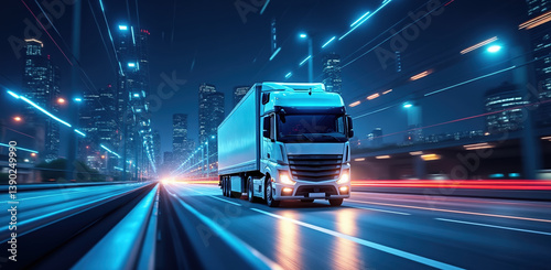 Obraz na płótnie modern truck navigates through bustling city at night, importance of digital logistics and secure payments in transportation w salonie