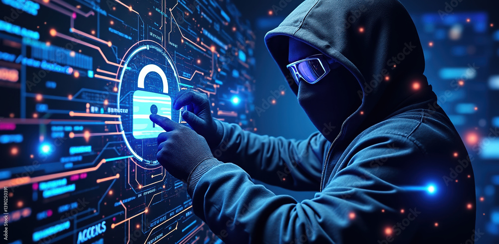 person in hoodie interacts with digital interface featuring lock symbol, representing digital security in payments and logistics