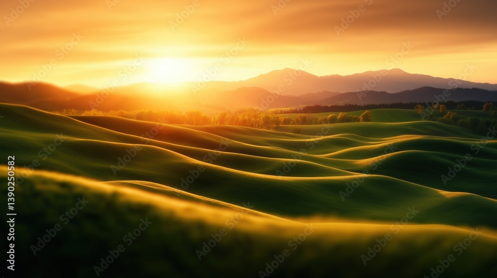 A tranquil sunset casts a warm glow over rolling hills, highlighting the gentle curves of the landscape and creating a serene atmosphere. A tranquil sunset casts a warm glow over rolling hills, highlighting the gentle curves of the landscape and creating a serene atmosphere.