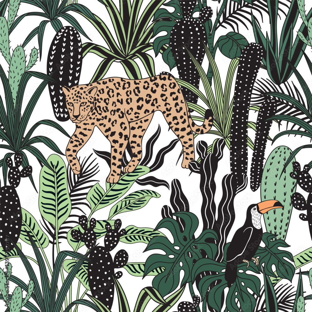 Fototapeta premium Leopard and toucan in the jungle seamless pattern. Cactus, tropical plant, banana tree graphic wallpaper.