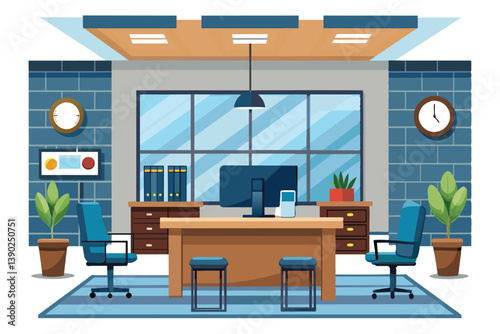 An illustration of a modern office interior featuring a desk, two chairs, potted plants, and a large window.