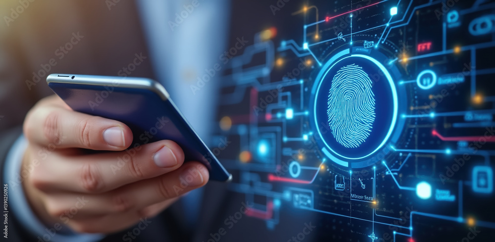 person holds smartphone while interacting with digital interface biometric security features and advanced technology. image emphasizes
