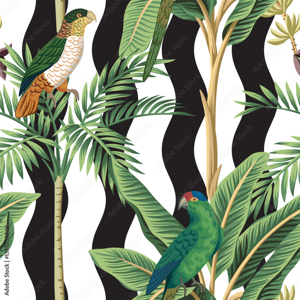 Fototapeta premium Tropical green parrots, palm trees floral seamless pattern wave background. Exotic jungle wallpaper. 