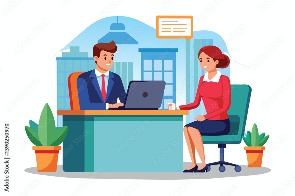 Obraz premium An illustration depicting a businessman seated at a desk, looking at a candidate while using a laptop.