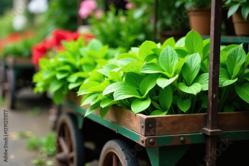 Lush green plants displayed on a rustic flower cart at a nursery,  spring,  foliage