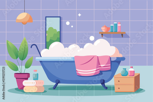 Cartoon of modern bathroom with bubble-filled bathtub, pink towel, light blue and purple tiles, potted plant, mirror, and toiletry shelf.