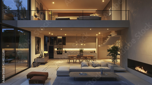 Modern apartment with open mezzanine and cozy furnishings