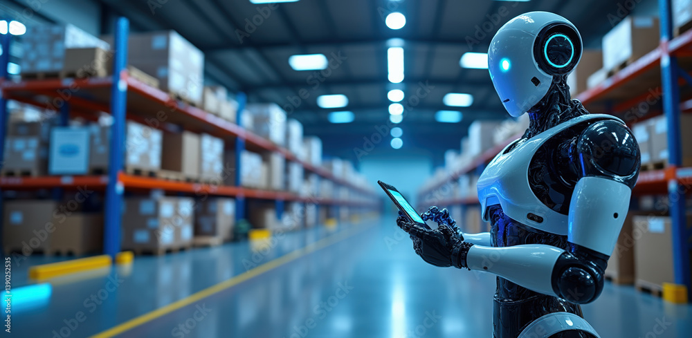 futuristic robot engages in digital payments while ensuring security in logistics operations within warehouse environment