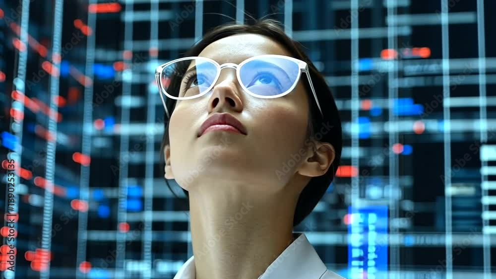 Woman analyzes data center server lights