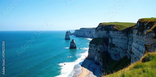 Majestic cliffs of Etretat overlooking the ocean under a clear blue sky,  rock formations,  La Manche