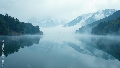 Majestic fog drifting over serene mountain lake on misty morning,  wilderness,  mist