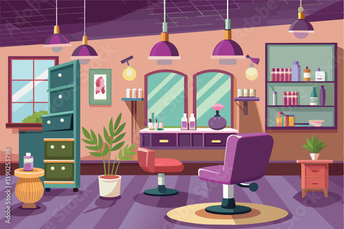 A colorful cartoon illustration depicting the interior of a modern hair salon, featuring a styling chair, mirrors, a vanity, and various other salon supplies.