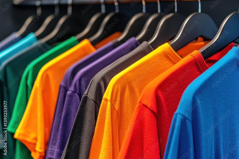 Apparel Design - Colorful Variety of T-shirts on Hangers, Apparel Industry Concept Apparel Design - Colorful Variety of T-shirts on Hangers, Apparel Industry Concept