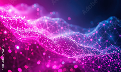 Abstract digital wave with glowing particles and interconnected lines, representing quantum data visualization and technology. vibrant colors create sense of depth and movement