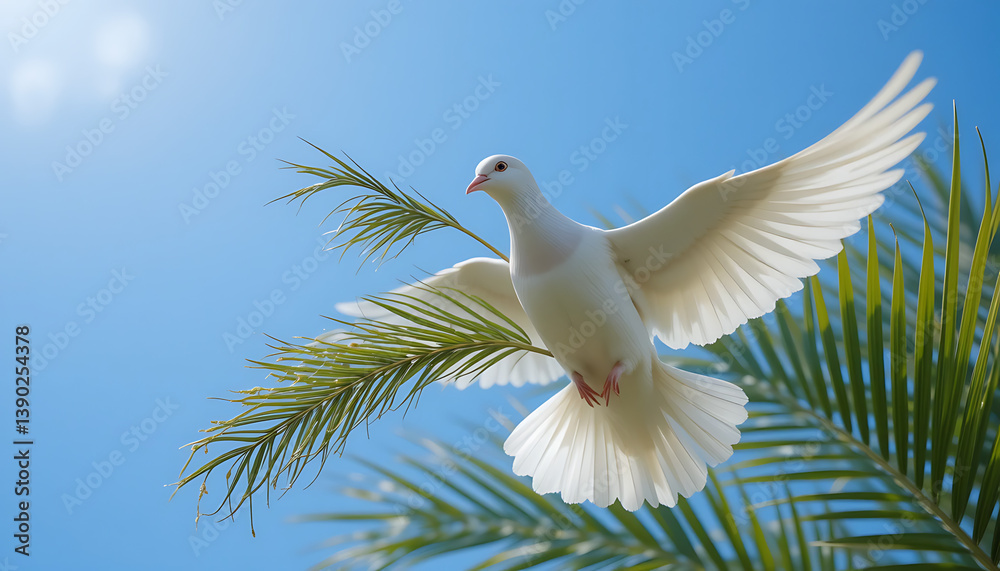 Fototapeta premium Dove soaring with palm branch in beak against serene blue sky, symbolizing peace and Palm Sunday grace