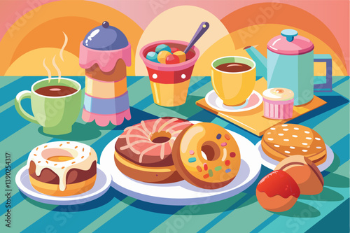 A table with a variety of breakfast treats, including donuts, coffee, tea, and a bowl of colorful balls.