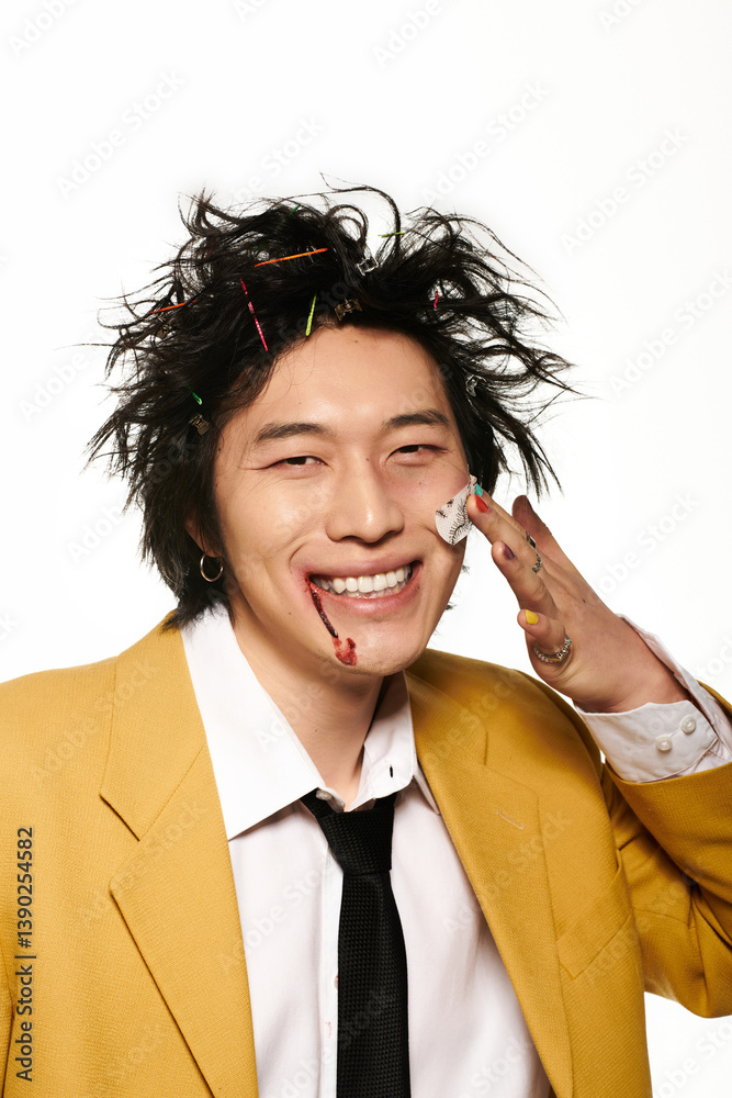 Spring fashion showcase with stylish man sporting creative hair and vibrant attire