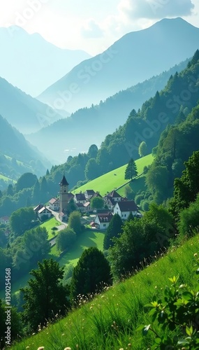 Lush hillside covered in morning mist overlooking quaint village below,  idyllic,  village