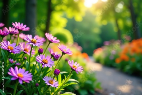 Lush landscape of aster flowers in botanical garden during summer, pretty purple blossoms in nature reserve, flowering plants in spring,  purple,  nature reserve