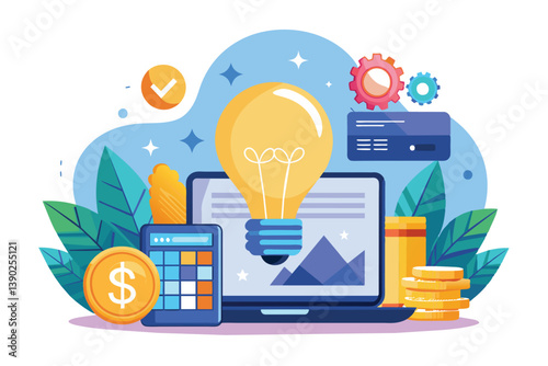 A laptop with a lightbulb, calculator, and coins illustration. This illustration represents new ideas, business growth, and financial success.