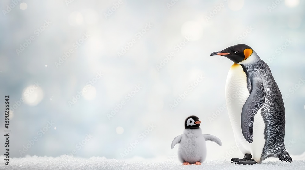 Fototapeta premium A mother penguin explaining to her chick why their fish is more expensive due to tariffs
