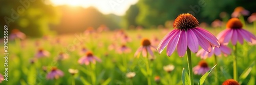 Pink coneflowers blooming in a lush prairie planting area under the summer sun,  growth,  flower